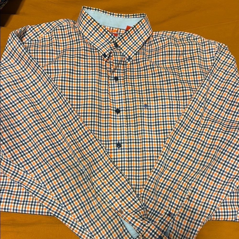 Men's IZOD Orange and Blue Checkered Long Sleeve Button Shirt Size XL